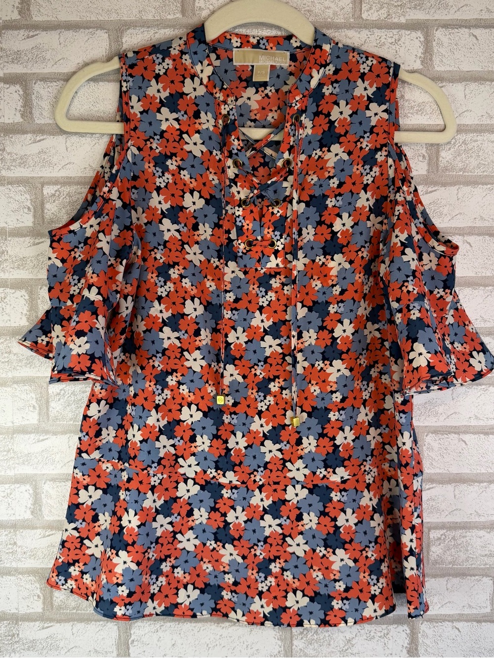 Michael Kors Floral Lace-Up Blouse Coral Navy Light Blue Short Sleeve P/S Top